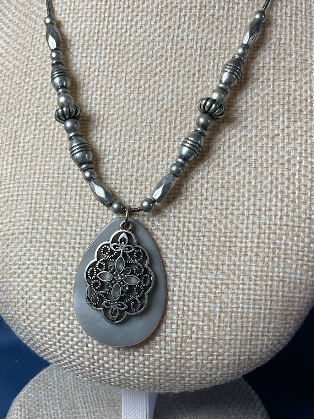 Lia Sophia Silver-Tone Filigree Teardrop Necklace Silver Tone Pendant – Gray - Picture 2 of 7
